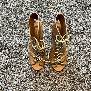 Liliana Size 6 Open Heels Shoes Women Taupe Brown Faux Leather Peep Toe Laces